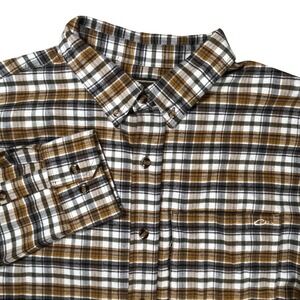 Drake Waterfowl Autumn Brushed Twill Shirt Men Large Brown Plaid Long Sleeve